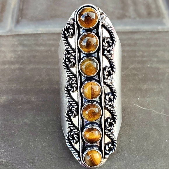 New 7 Stone Tiger Eye Adjustable Silver Statement Ring. - Picture 13 of 15